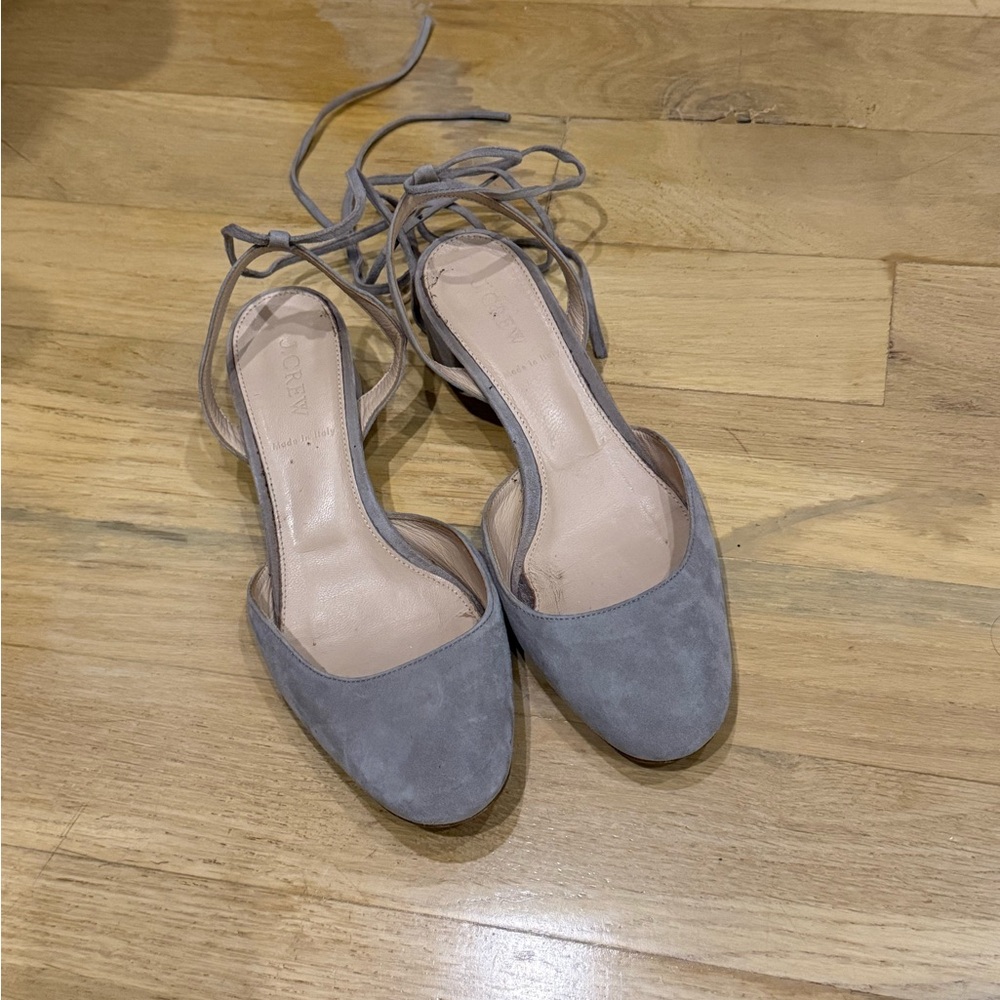 J. Crew Gray Suede Heels with Ankle Tie